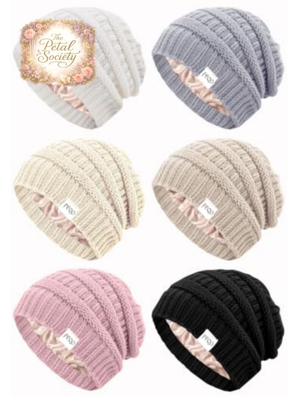 Satin Lined Cable Knit Beanies Oversized Slouchy Winter Hats 6 Pack